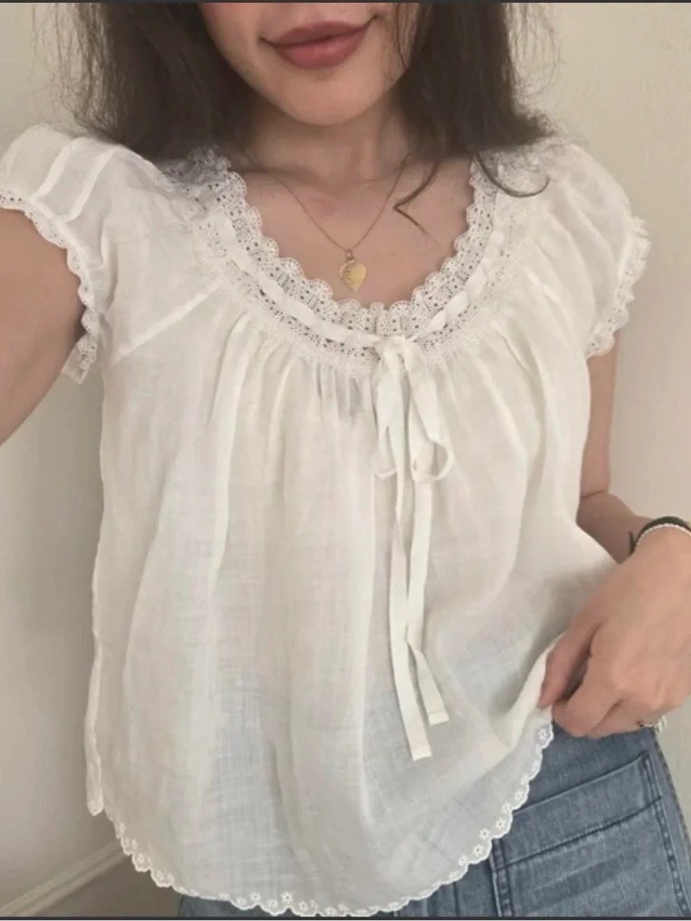 Doen Marinette in Salt White Lace-Trim Peasant Blouse M